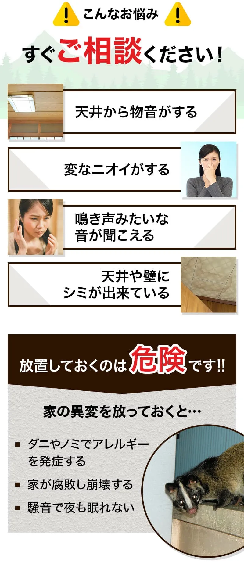 こんなお悩みすぐご相談ください！ 天井から物音がする 変なニオイがする 鳴き声みたいな音が聞こえる 天井や壁にシミが出来ている 放置しておくのは危険です!! 家の異変を放っておくと… ダニやノミでアレルギーを発症する 家が腐敗し崩壊する 騒音で夜も眠れない